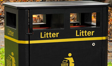 Mixed use 240 litre ground fixed public steel litter bin.