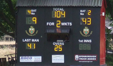 Custom installed electronic cricket scoreboard.
