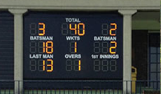 Custom installed electronic cricket scoreboard.