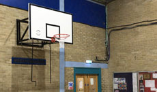 Wall mounted gymnasium basketball goals.