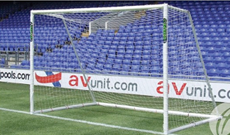 Polygoal PVC plastic freestanding football goalposts.