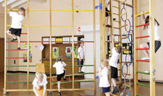 Folding wood wall mounted school PE gymnasium frames.