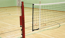 Ground socketed competition volleyball posts.