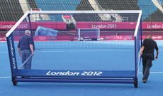 Competition integral weighted hockey goalposts.