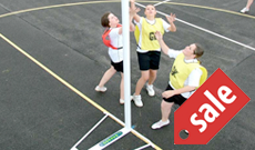 Schools wheeled steel netball post goals.