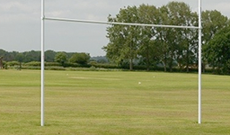 Demountable hinged folding aluminium rugby goalposts.