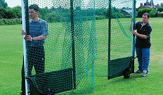 Steel freestanding folding hockey goalposts.