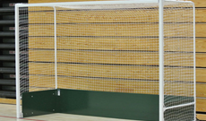 Steel freestanding folding hockey goalposts.