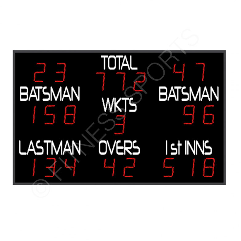 High visability large format full specification match digital mobile cricket scoreboard. Electronic numbers offer a clear record of the scores, controlled remotely.